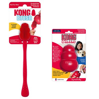 KONG Classic + KONG čisticí kartáč - výhodná sada KONG Classic L (10 cm) + čisticí kartáč S–XXL