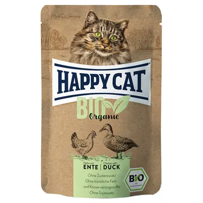Sachet Happy Cat BIO Organic, poulet et canard. Texte visible : Ohne Zuckerzusatz, Ohne künstliche Farb- und Konservierungsstoffe, Ohne Sojazusatz. Label B'IO.