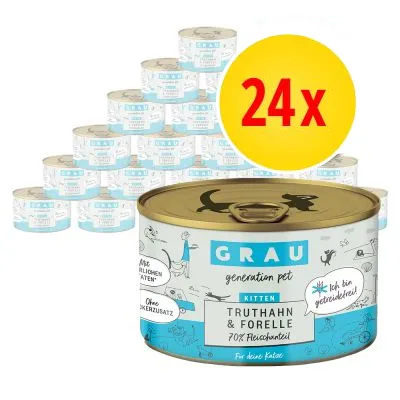 24 burkar GRAU generation pet Kitten Truthahn & Forelle 70% Fleischanteil, text på tyska: Ohne Zuckerzusatz, Ich bin getreidefrei! För små katter.