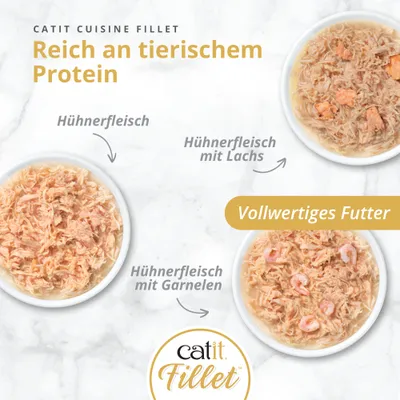 Catit Cuisine Fillet: Gazdag állati fehérjében. Teljes értékű eledel csirkehússal, csirkehússal és lazaccal, valamint csirkehússal és garnélával.