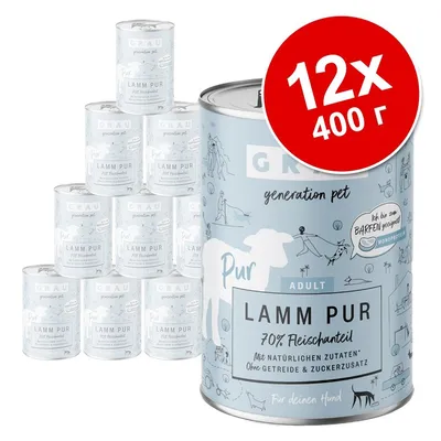 12 консерви GRAU Lamm Pur за кучета, всяка по 400 г. Надпис: 70% Fleischanteil, Mit natürlichen Zutaten, Ohne Getreide & Zuckerzusatz. Видими са опаковките и марката. 12 консерви GRAU Lamm Pur за кучета, всяка по 400 г. Надпис: 70% Fleischanteil, Mit natürlichen Zutaten, Ohne Getreide & Zuckerzusatz. Видими са опаковките и марката.