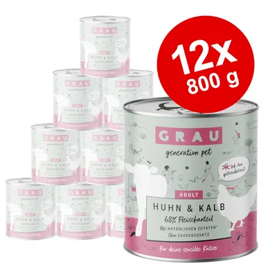 GRAU Adult Kyckling & Kalv, 12x800g burkar. 68% köttandel, med naturliga ingredienser, utan tillsatt socker, spannmålsfri. För känsliga katter.