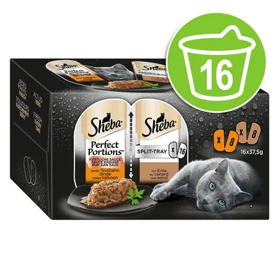 Sheba Perfect Portions Split-Tray kattemad, 16 x 37,5 g. 8 bakker med kalkun, 8 bakker med and. Stor grøn cirkel med tallet 16. Billede af grå kat og serveret foder.