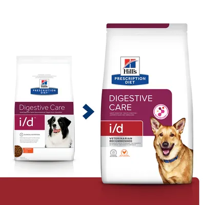 Porovnání starého a nového balení Hill's Prescription Diet Digestive Care i/d pro psy. Nové balení s nápisem VETERINARIAN RECOMMENDED a obrázkem psa vpravo.