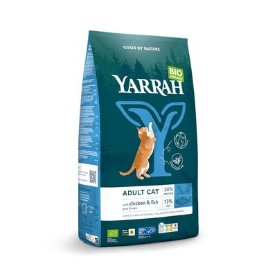 Yarrah Bio Organic Adult Cat суха храна за котки с пиле и риба, грах и лупина. 30% протеин, 13% мазнини. Сертифицирана био, напълно балансирана храна за котки.