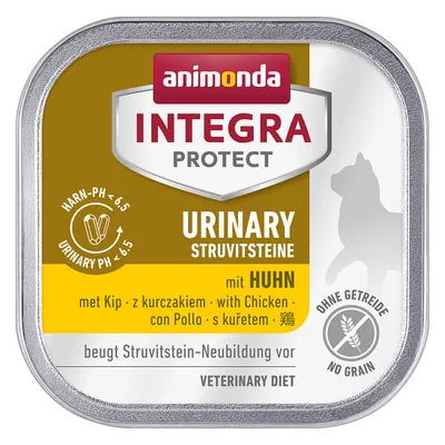 Animonda Integra Protect Urinary Struvietstenen met kip, zonder granen. Voorkomt nieuwe struvietstenen. Urine-pH < 6,5. Veterinary Diet.