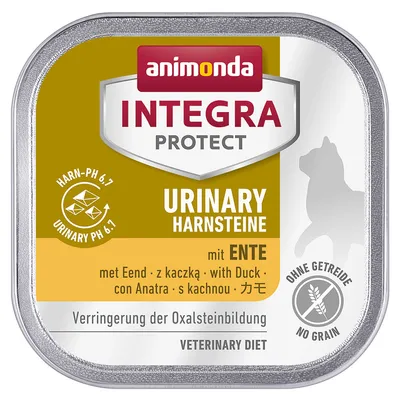 Animonda Integra Protect Urinary Harnsteine с патица, без зърнени храни, ветеринарна диета. Видим текст: urinary pH 6–7, с кaчкoй, with duck, no grain.