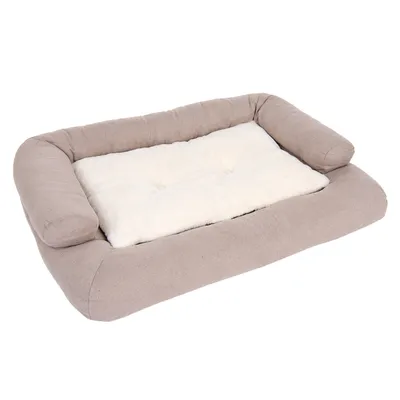 Coussin rectangulaire pour animal, rebords rembourrés en tissu beige, centre matelassé blanc, sans marque visible ni texte.