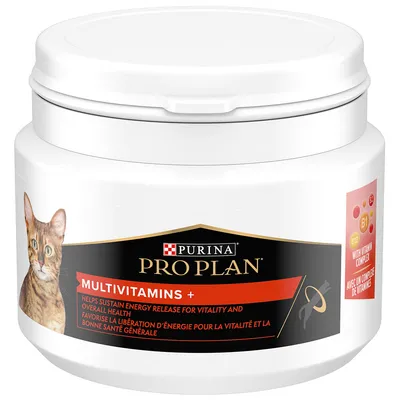 Purina Pro Plan Multivitamins+ met vitaminecomplex, ondersteunt energie en vitaliteit. Verpakking toont kat en productdetails.