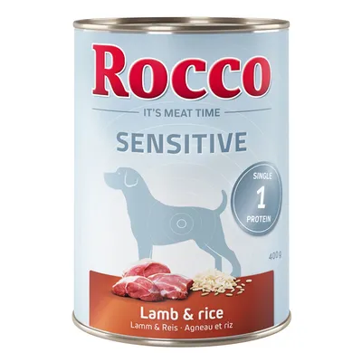 Rocco Sensitive comida húmida para cães, variedade cordeiro e arroz, proteína única, lata de 400g.