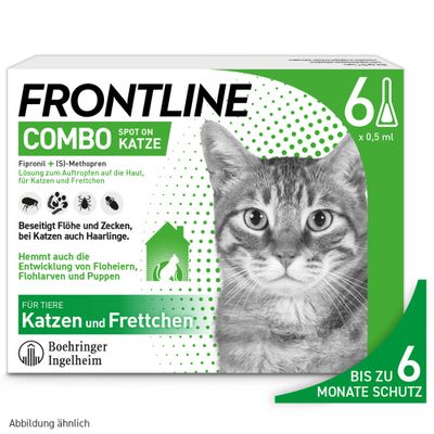 Frontline Combo Spot On Katze. Beseitigt Flöhe, Zecken und Haarlinge bei Katzen. Hemmt Entwicklung von Floheiern, Larven und Puppen. Für Tiere: Katzen und Frettchen. Boehringer Ingelheim.