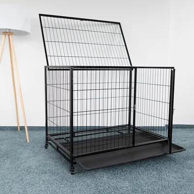 Zwart metalen verblijf met traliewanden, afneembaar deksel en uitschuifbare kunststof bak op tapijt. Verblijf staat op wielen.