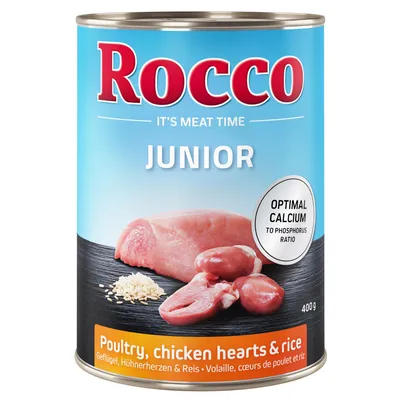 Rocco Junior märkäruoka, siipikarja, kanan sydämet ja riisi, 400 g tölkki. Optimaalinen kalsium-fosforisuhde pennuille.