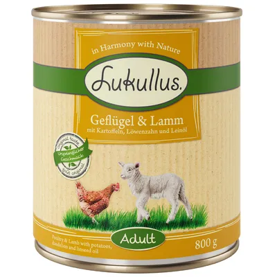 800g konzerva Lukullus Adult perad i janjetina s krumpirom, maslačkom i lanenim uljem. Izvorni okus, Original taste. In Harmony with Nature.