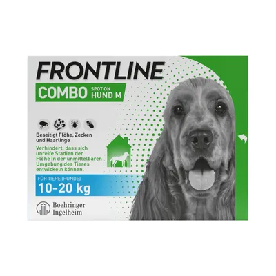 Frontline Combo Spot On Hund M, beseitigt Flöhe, Zecken und Haarlinge. Für Tiere (Hunde) 10-20 kg. Verhindert Entwicklung unreifer Flohstadien. Boehringer Ingelheim.