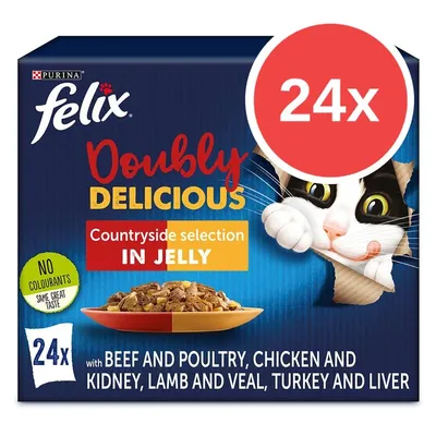 Purina felix Doubly Delicious Countryside selection in jelly, 24× kapsiček. S hovězím, drůbežím, kuřecím, ledvinami, jehněčím, telecím, krůtím a játry. Bez barviv.