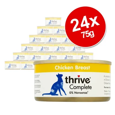 Zestaw 24 puszek thrive Complete Chicken Breast 75 g, widoczna etykieta z nazwą produktu i sylwetką kota, napis 0% Nonsense.