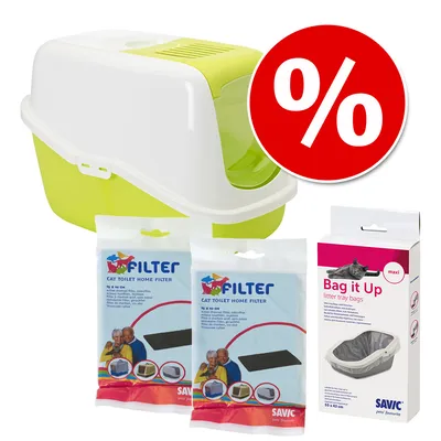 Savic kattenbak met deksel, twee verpakkingen Cat Toilet Home Filter en een doos Bag it Up litter tray bags maxi 55×43 cm. Groot rood procentteken voor korting.