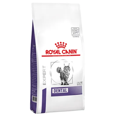 Royal Canin EXPERT DENTAL kattefoder, VOHC Accepted mærke, billede af kat på forsiden af posen. Hvid og lilla emballage.