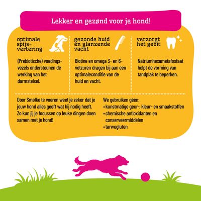 Smølke hondenvoer: optimale spijsvertering, een gezonde huid en een glanzende vacht, gebitsverzorging. Zonder kunstmatige toevoegingen, chemische antioxidanten of tarwegluten.