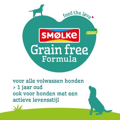 SMØLKE Graanvrije Formule, met natuurlijke ingrediënten. Voor alle volwassen honden vanaf 1 jaar, ook geschikt voor honden met een actieve levensstijl.