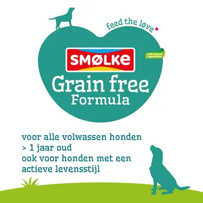 SMØLKE Graanvrije Formule, met natuurlijke ingrediënten. Voor alle volwassen honden vanaf 1 jaar, ook geschikt voor honden met een actieve levensstijl.