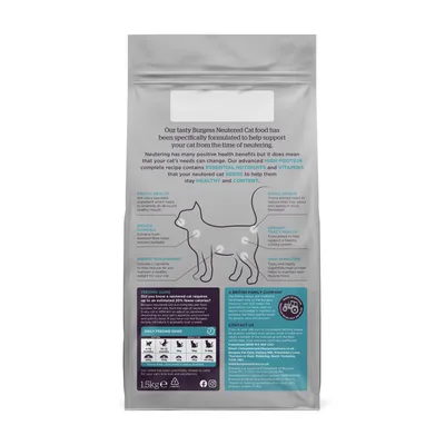 Back of pet food bag showing feeding guide, daily feeding amounts, and product benefits such as dental health, weight management, high protein, urinary tract health, and contact details.
