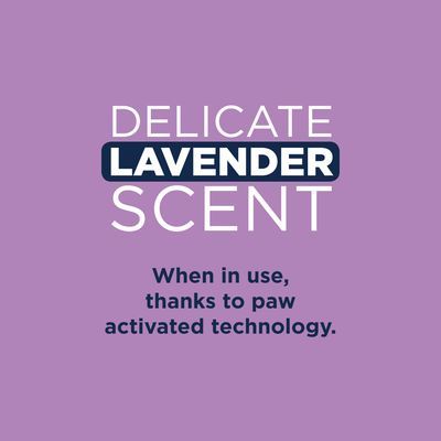 Engelse tekst: Delicate lavender scent. When in use, thanks to paw activated technology.