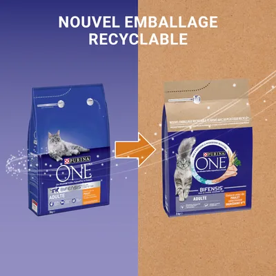 Старая и новая упаковка корма для кошек Purina ONE Bifensis Adulte; надпись на французском: NOUVEL EMBALLAGE RECYCLABLE (новая перерабатываемая упаковка)
