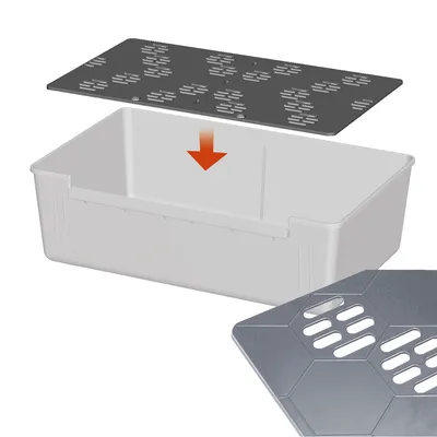 Illustration of a white plastic box with removable lid, shown being placed on the box by a red arrow. Lid with hexagonal ventilation slots.