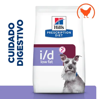 Hill's Prescription Diet i/d low fat, cuidado digestivo, imagen de un perro y símbolo de pollo en la esquina superior derecha. Texto visible: CUIDADO DIGESTIVO.