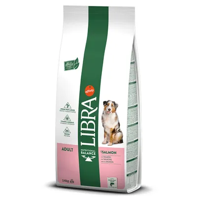 Libra Adult Nutritional Balance z łososiem, 14 kg. Zawiera witaminy, minerały i 24% białka. Bez sztucznych dodatków. Na mocne zęby i kości.