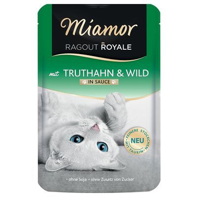 Miamor Ragout Royale mit Truthahn & Wild in Sauce, sans soja, sans ajout de sucre, avec taurine, NEU, sachet avec chat blanc allongé. Texte en allemand.