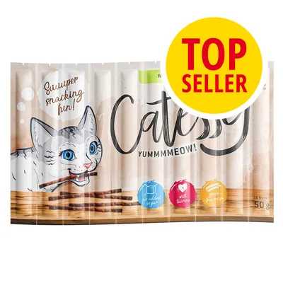 Catessy YUMMMMEOW! Snack para gatos, 10 sticks, 50 g. Etiqueta amarilla: TOP SELLER. Iconos: sin azúcar añadido, con taurina, sin cereales. Texto en inglés: Suuuuper snacking fun!