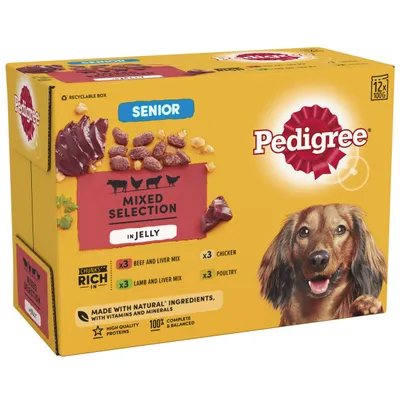 Pedigree Senior Mixed Selection in Jelly, 12 x 100g. Includes beef and liver mix, lamb and liver mix, chicken, poultry. Made with natural ingredients, vitamins, minerals, high protein. Pedigree Senior Mixed Selection in Jelly, 12 x 100g. Includes beef and liver mix, lamb and liver mix, chicken, poultry. Made with natural ingredients, vitamins, minerals, high protein.