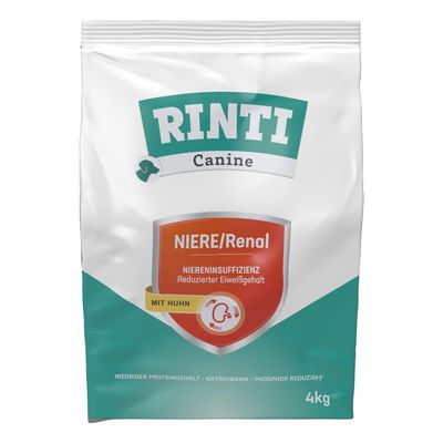 Rinti Canine Niere/Renal cu pui, conținut redus de proteine pentru insuficiență renală. Proteine scăzute, sărac în sodiu, fosfor redus. Mărime pachet: 4kg.