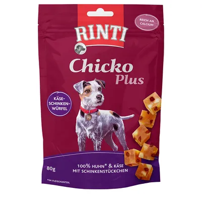 RINTI Chicko Plus, kostki serowo-szynkowe, bogate w wapń, 80g, 100% kurczak i ser z kawałkami szynki.