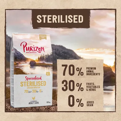 Purizon Sterilised Adult Cats, chicken with fish. 70% animal ingredients, 30% fruit, vegetables & herbs, 0% added grain. For sterilised cats. Pack size: 6.5 kg.