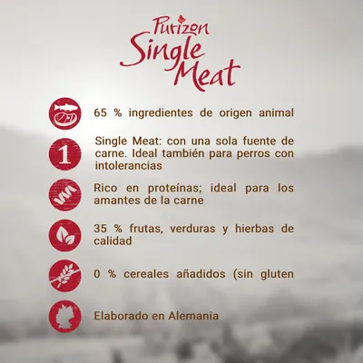 Purizon Single Meat. Tekst in het Spaans: 65% ingrediënten van dierlijke oorsprong, één vleessoort, rijk aan eiwitten, 35% fruit/groenten/kruiden, 0% toegevoegde granen, gemaakt in Duitsland.