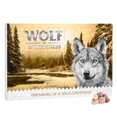 Wolf of Wilderness adventskalender met afbeelding van een wolf, besneeuwd boslandschap en tekst: Dreaming of a Wild Christmas. Enkele hondensnacks zichtbaar rechtsonder. Wolf of Wilderness adventskalender met afbeelding van een wolf, besneeuwd boslandschap en tekst: Dreaming of a Wild Christmas. Enkele hondensnacks zichtbaar rechtsonder.