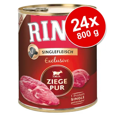 Rinti Singlefleisch Exclusive Ziege Pur, 24x800 g, 1 Protein Single, senza cereali, confezione di cibo umido per cani visibile sull'etichetta.