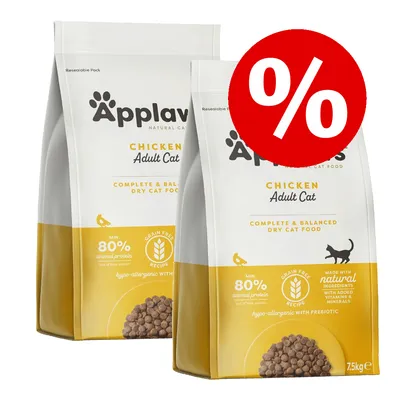 Two bags of chicken adult cat dry food, 7.5kg each, with a red percentage discount symbol. Key features shown: minimum 80% animal protein, grain free, natural ingredients. Two bags of chicken adult cat dry food, 7.5kg each, with a red percentage discount symbol. Key features shown: minimum 80% animal protein, grain free, natural ingredients.