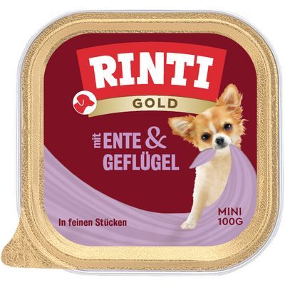 RINTI Gold hondenvoer, mit Ente & Geflügel, MINI 100g, In feinen Stücken. Hond afgebeeld op verpakking. Tekst deels in het Duits.