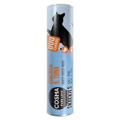 COSMA Pure Love Snackies, Chicken & Tuna, DUO FLAVOURS, gently freeze-dried, 100 % pure meat & fish. Sininen sylinteripakkaus, jossa kissan siluetti.