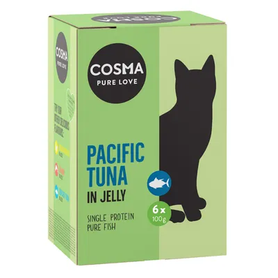 Cosma Pure Love Pacific Tuna in Jelly, single protein pure fish, 6 x 100g packs. Other flavours listed: chicken, salmon, turkey.