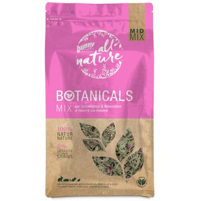 Bunny Nature Botanicals Mix, 100% natur, 0% cereali, per conigli nani, cavie, cincillà e degu. Testo in inglese: of ribwort & rose blossoms. Prodotto vegano visibile.