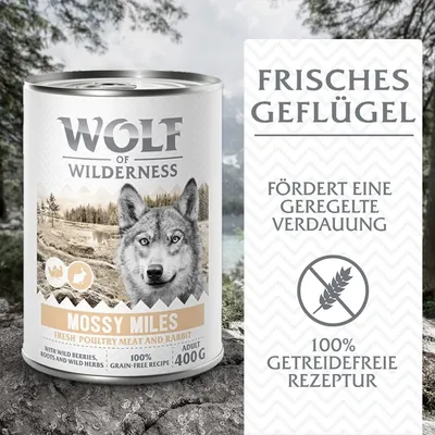 Wolf of Wilderness Mossy Miles, frisches Geflügel und Kaninchen, mit Wildbeeren, Wurzeln und Kräutern, 100% getreidefreie Rezeptur, fördert eine geregelte Verdauung, 400g Dose.