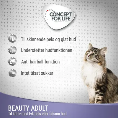 CONCEPT FOR LIFE. Til skinnende pels og glat hud, understøtter hudfunktionen, anti-hairball-funktion, intet tilsat sukker. BEAUTY ADULT til katte med tyk pels eller følsom hud.