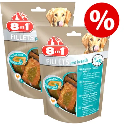 8in1 FILLETS pro breath kipfilet hondensnacks, voordeelverpakking met rode procent-actiecirkel. Tekst: Chicken Fillet Nutri-Center, Premium Chicken Fillet, ondersteunt frisse adem.