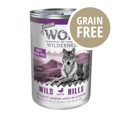 Lattina Wild Hills Senior Wolf of Wilderness, 400 g. Testo visibile: 100% grain-free, GRAIN FREE, anatra e vitello con frutti di bosco, radici ed erbe selvatiche.